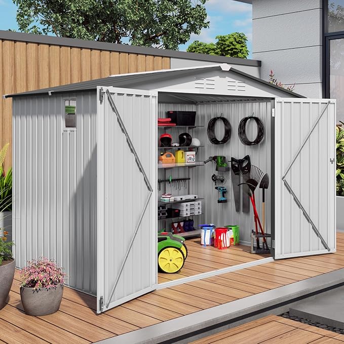 8 x 6 FT Outdoor Storage Shed, Metal Garden Tool Shed with Slooping Roof, Lockable Doors and Aluminum Frames, Easy to Assemble for Garden, Patio, Lawn, White+Black
