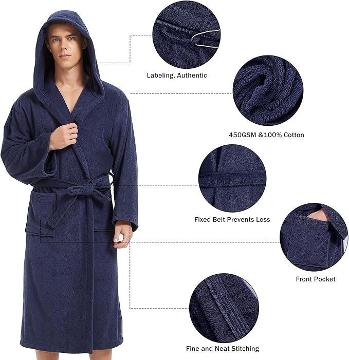 Mens Robe with Hood-Classic Terry Cloth Bathrobe for Men,Soft Knee Length Bathrobes