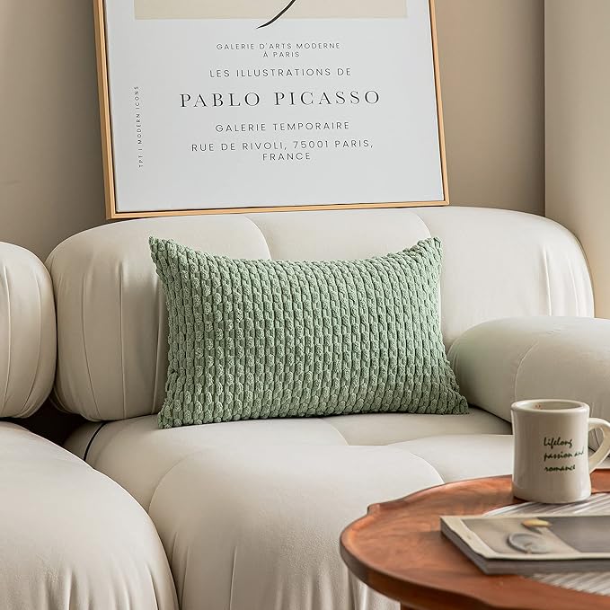 Kevin Textile 2 Packs Lumbar Decorative Throw Pillow Covers 12x20 Inch for Living Room Couch Bed Sofa Spring Soft Striped Corduroy Rectangle Cushion Case 30x50 cm Farmhouse Boho Home Decor Sage Green