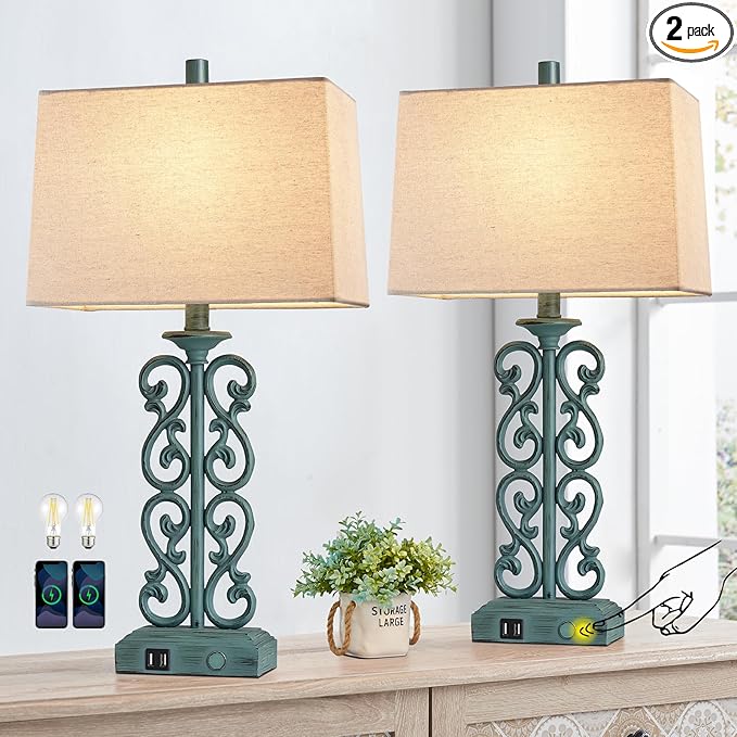 25" Set of 2 Touch Vintage Resin Table Lamps for Living Room, 3-Way Dimmable Nightstand Lamp with 2 USB Ports, Farmhouse Rustic Bedside Lamp for Entryway Bedroom End Table, 2 LED Bulb Included
