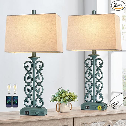 25" Set of 2 Touch Vintage Resin Table Lamps for Living Room, 3-Way Dimmable Nightstand Lamp with 2 USB Ports, Farmhouse Rustic Bedside Lamp for Entryway Bedroom End Table, 2 LED Bulb Included