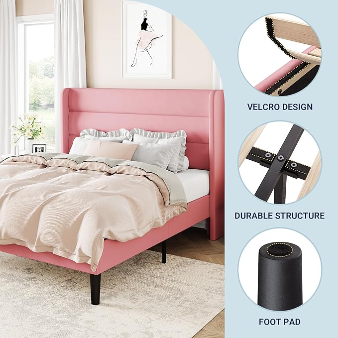 Allewie Queen Size Platform Bed Frame with Velvet Upholstered Wingback Headboard, No Box Spring Needed, Under Bed Storage Space, Strong Wooden Slats, Modern Mattress Foundation, Easy Assembly, Pink