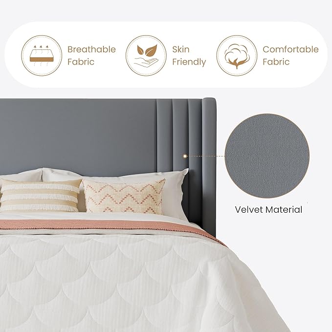 SHA CERLIN King Size Velvet Upholstered Platform Bed Frame with Vertical Channel Tufted Wingback Headboard, Wooden Slats Support, Easy Assembly, Under Bed Storage, No Box Spring Required, Grey