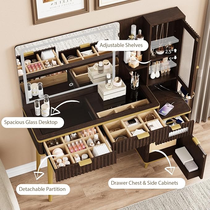 QUW Fluted Makeup Vanity Desk with Mirror and Lights, Modern Glass Top Vanity Table with Charging Station, Vanity Mirror 3 Lighting Modes Adjustable Brightness, Dressing Table for Bedroom, Dark Walnut