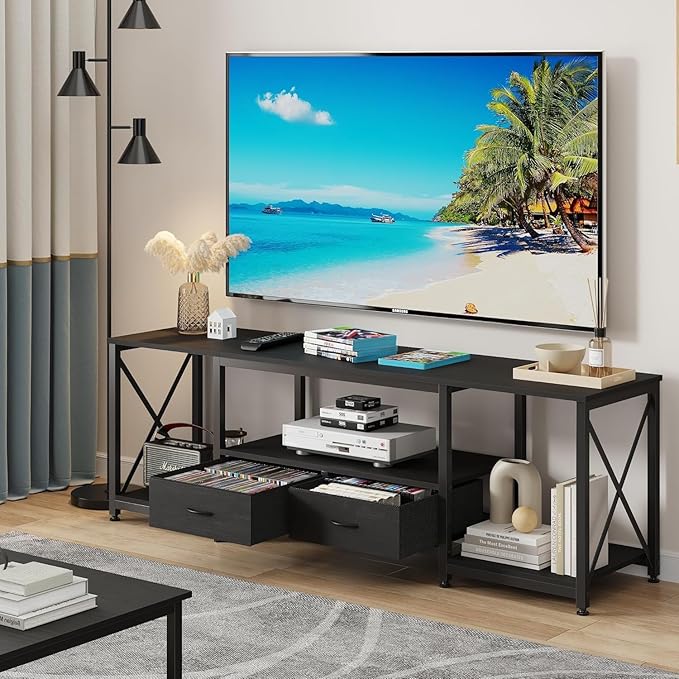TV Stand with Fabric Drawer for 50 55 Inches TV - Entertainment Center and Industrial TV Console Table with Open Storage Shelves for Living Room, Bedroom - 47" Black