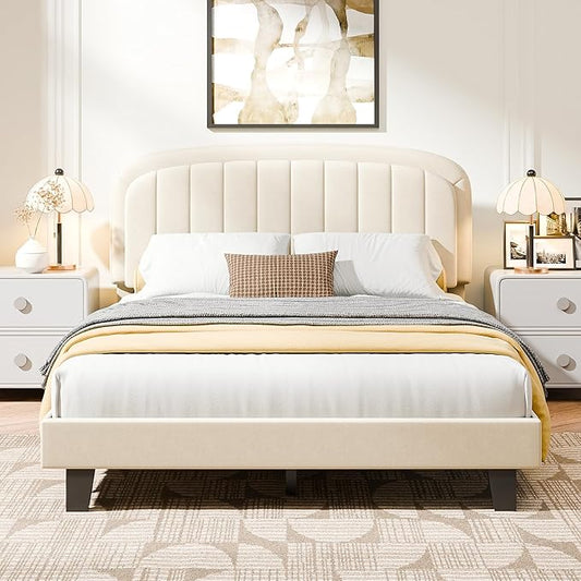 Cozy Castle Full Size Bed Frame, Upholstered Platform Bed with Velvet Adjustable Curved Headboard, Mattress Foundation with Strong Wooden Slats, No Box Spring Needed, Easy Assembly, Cream