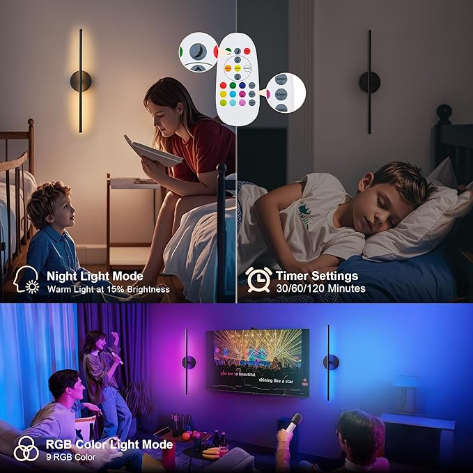 Battery Operated Wall Sconces Set of Two, with Remote Control, Dimmable, Warm White/Natural White/Daylight/RGB, 350°Rotate, LED Black Wireless Wall Light for Living Room, Bedroom, 20.4 Inch
