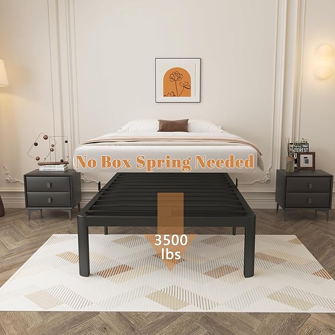 14 Inch Twin Bed Frames, Black Bed Frame Twin Size with Metal Baffles, No Box Spring Needed, Heavy Duty Steel Platform Supprt, Rounded Corner Design, Reserved Holes, Storage Space, Noise Free