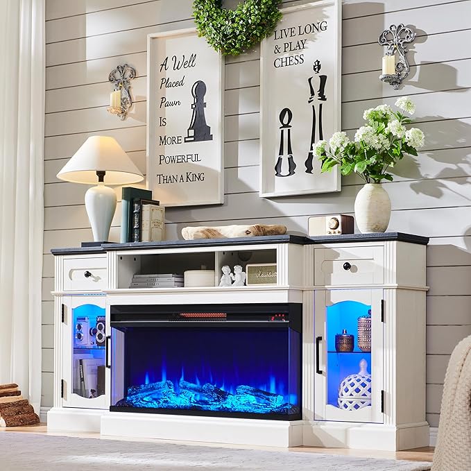 LINGMU Farmhouse Electric Fireplace TV Stand for TVs up to 80", Entertainment Center with 36" 3-Sided Glass Electric Fireplace & LED Lights, 70-inch TV Console, Antique White