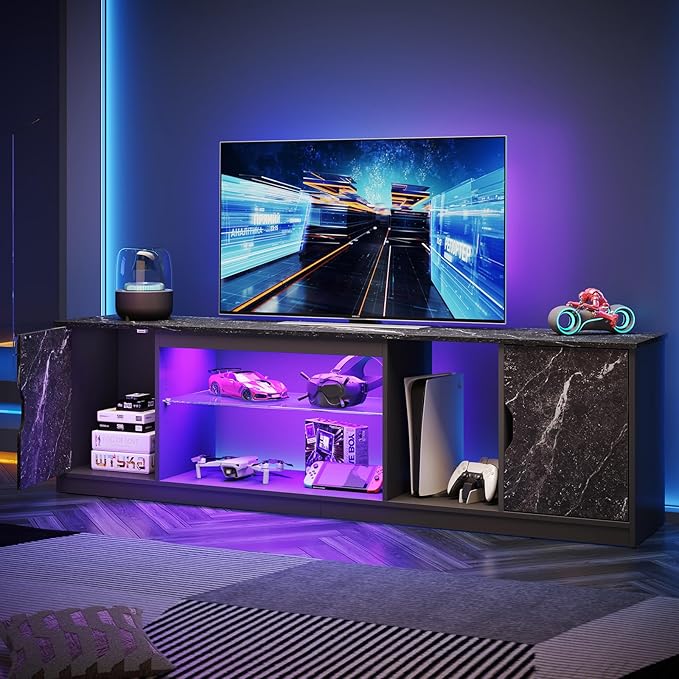 Bestier LED TV Stand for 65/70/75/80 Inch TV, 70 inch Gaming Entertainment Center with Adjustable Glass Shelves & Storage Cabinet for PS5, Xbox, Modern TV Console Table for Living Room, Black Marble