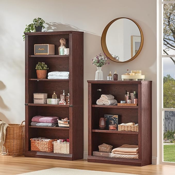 43" Walnut Tall Bookshelf Set of 3,3-Tier Thick Wooden Book Shelf with Adjustable Shelves,Free Standing Farmhouse Bookcase with Open Display Storage,Floor Vintage Bookshelves for Living Room