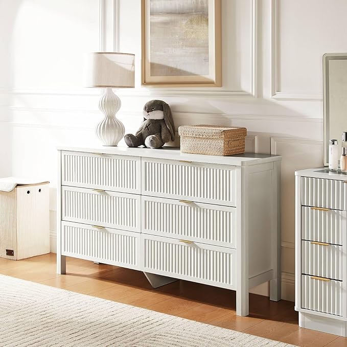 Fluted 6 Drawers Dresser for Bedroom, 55 Inch Wide Modern Wood Chest of Drawers, Mid Century Chests Drawer Clothing Organizer for Hallway (White)