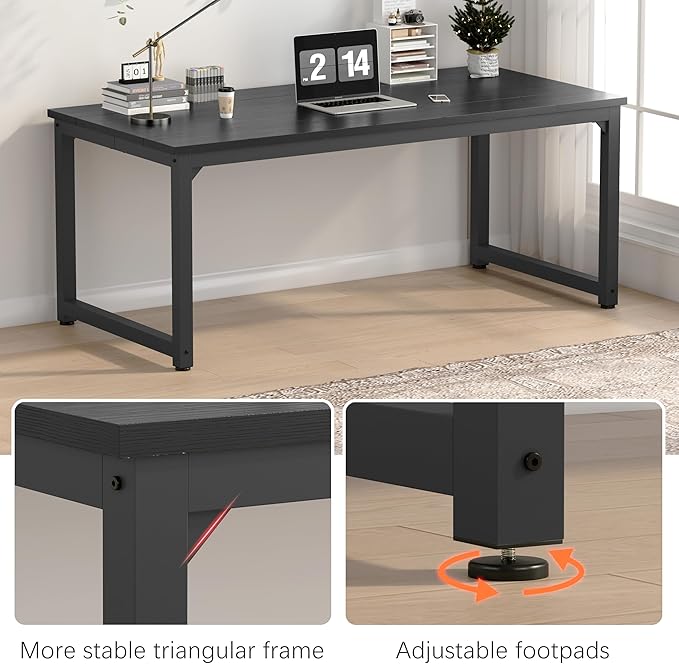 NSdirect 70" Computer Desk,Large Home Office Desk Wide Workstation 1 inch Thicker Tabletop for Writing,Games and Home Work PC Desk Modern Finish Wood Board and Sturdy Steel Legs, Black