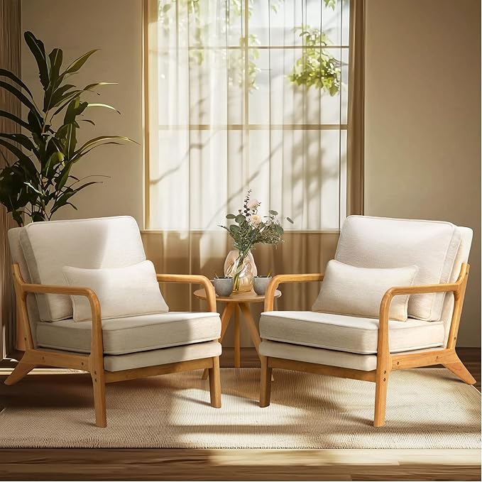 COLAMY Mid Century Modern Accent Chair Set of 2 with Lumbar Pillow, Relaxing Armchair with Solid Wood Frame & Soft Cushion, Reading Leisure Chair for Living Room（Beige）