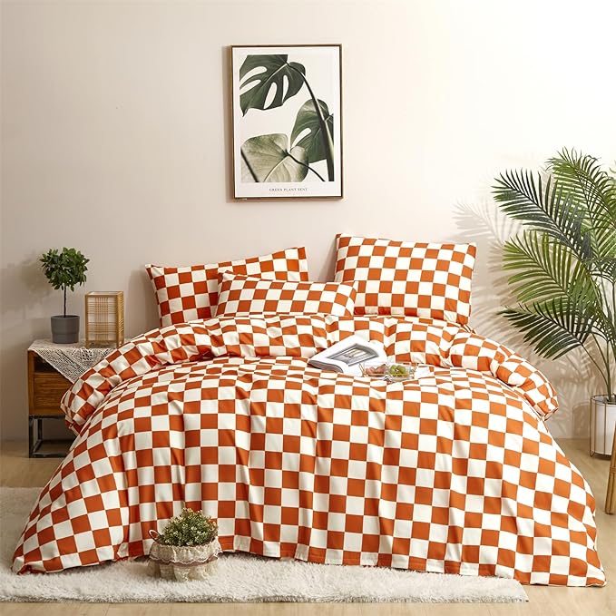 CLOTHKNOW Rust Beige Plaid Queen Comforter Set 3Pcs Grid Bedding Comforter Sets Soft Checker Queen Comforter Burnt Orange Queen Size Comforter Sets