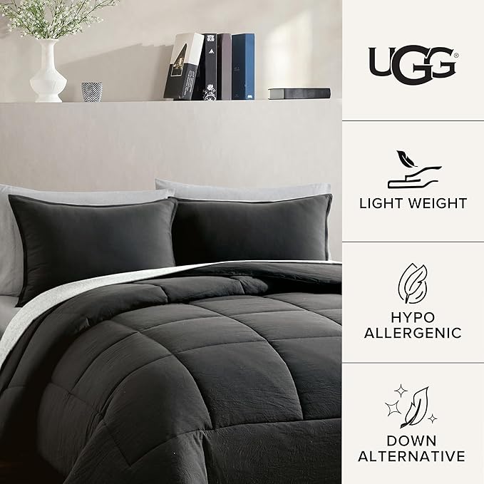 UGG Leonora Comforter Set with 2 Pillow Shams Lightweight Down Alternative Blanket Reversible Cozy Warm All Season Washable and Hypoallergenic Bedding Set, King, Charcoal Grey