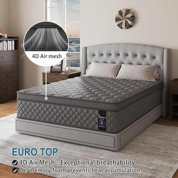 Twin Mattress, 14 Inch Hybrid Mattresses Grey Euro Top Medium Firm for Back & Lumbar Support, 100 Night Trial, Individual Pocket Spring Bed for Motion Isolation & Pressure Relief