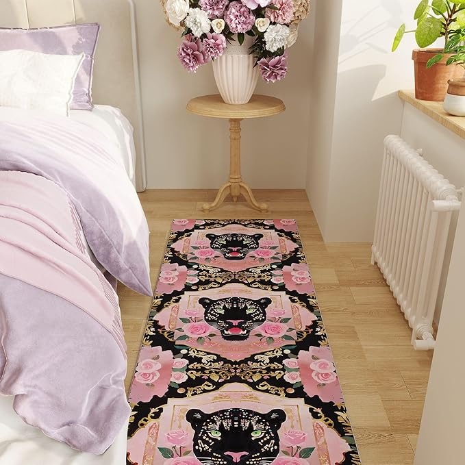 Runner Rug for Kitchen Rug Non Slip 2'x6' Washable Rugs with Rubber Backing Soft Retro Lavish Leopard Animal Carpet Runner for Kitchen, Laundry, Bedroom, Bathroom (Black Pink)