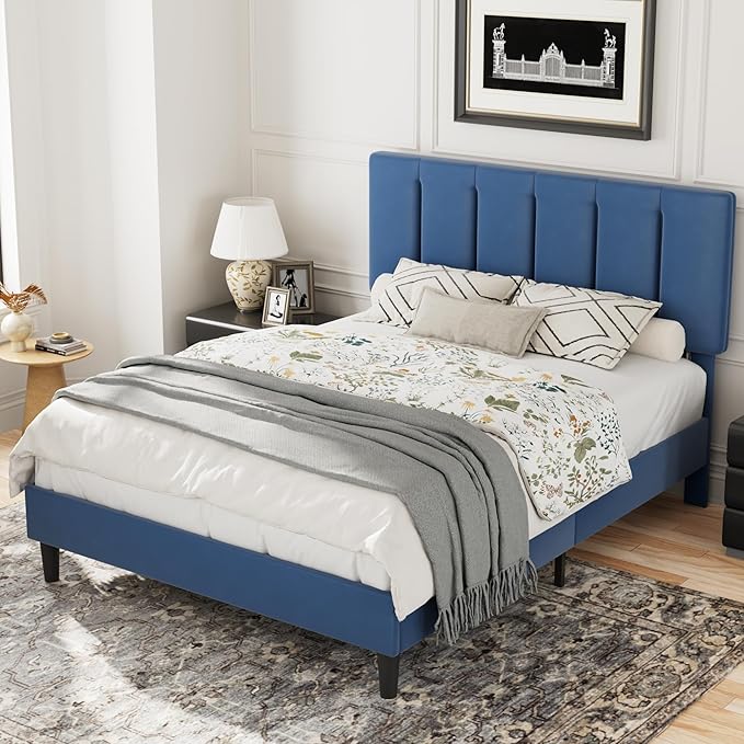 VECELO Queen Bed Frame with Upholstered Headboard, Heavy-Duty Platform Bedframe with Strong Wooden Slats Support, No Boxing Spring Needed, Dark Blue