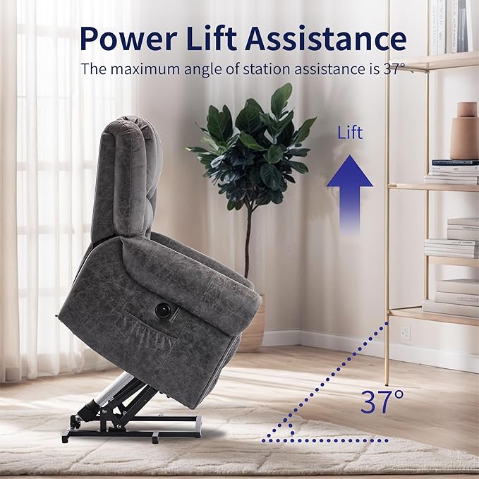 FLEXISPOT Power Lift Recliner Chair for Elderly with Massage & Heat, Faux Leather Electric Reclining Chair for Seniors with USB Ports, Cup Holders & Side Pockets(Medium Size,Charcoal Gray