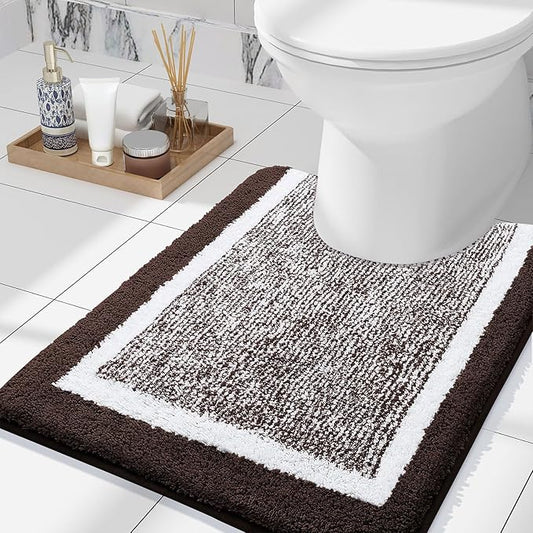 OLANLY Toilet Rugs U-Shaped 24x20, Extra Soft and Absorbent Microfiber Bathroom Rugs, Non-Slip, Machine Wash Dry, Plush Shaggy Contour Bath Mats for Toilet Base (Brown and White)