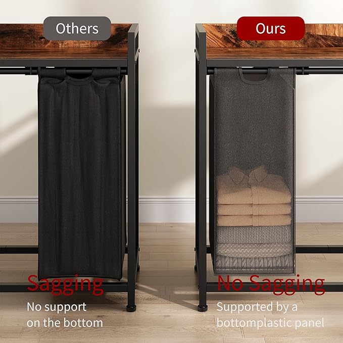 Laundry Hamper with Shelf, Laundry Basket 3 Section, Laundry Sorter with Pull-Out Removable Large Bags and Movable Wheels, Metal Frame, 3 x 15.87 Gallons (60L), Rustic Brown + Blck PF04XLY