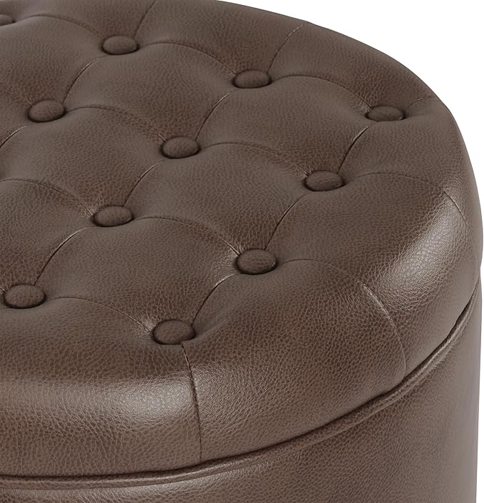 HomePop Home Decor | Upholstered Round Faux Leather Tufted Foot Rest Ottoman | Ottoman with Storage for Living Room & Bedroom | Decorative Home Furniture, Brown Faux Leather