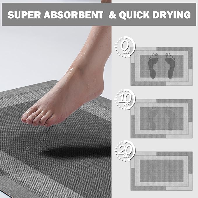 Non Slip Long Bathroom Runner Rug Bath Mat, Rubber Backing Ultra Thin Bathroom Rugs Fit Under Door Quick Dry Super Absorbent Washable Shower Mat for Bathtub Sink Floor, Grey 17"x59"