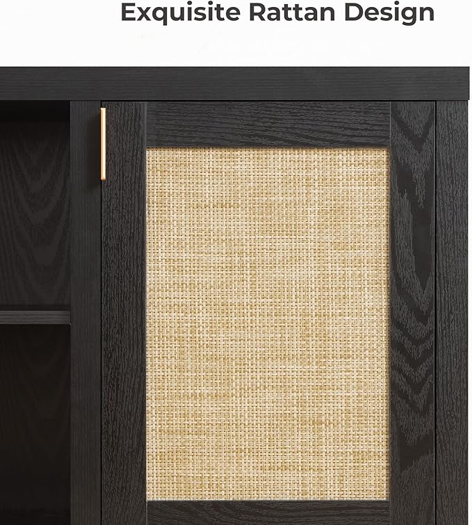 SICOTAS Rattan TV Stand for Living Room - 26" Tall Farmhouse Entertainment Center with Storage and Wicker Door, Media TV Console Cabinet for TVs Up to 65 Inch, Black Oak