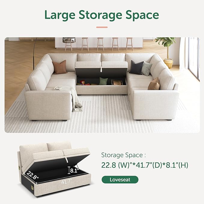 HONBAY Sleeper Sectional Couch with Pull Out Bed, Modular Sofa with Storage Seats, U Shaped Sectional Couches for Living Room, Beige