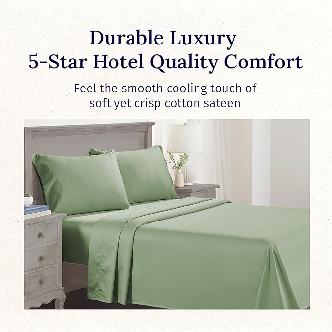 California Design Den Hotel Quality Full Size Sheets Set - Luxury 600 Thread Count Sateen, Natural 100% Cotton Bed Sheets, Fully Elasticized Deep Pockets, Crisp, Cool and Durable - Laurel Green