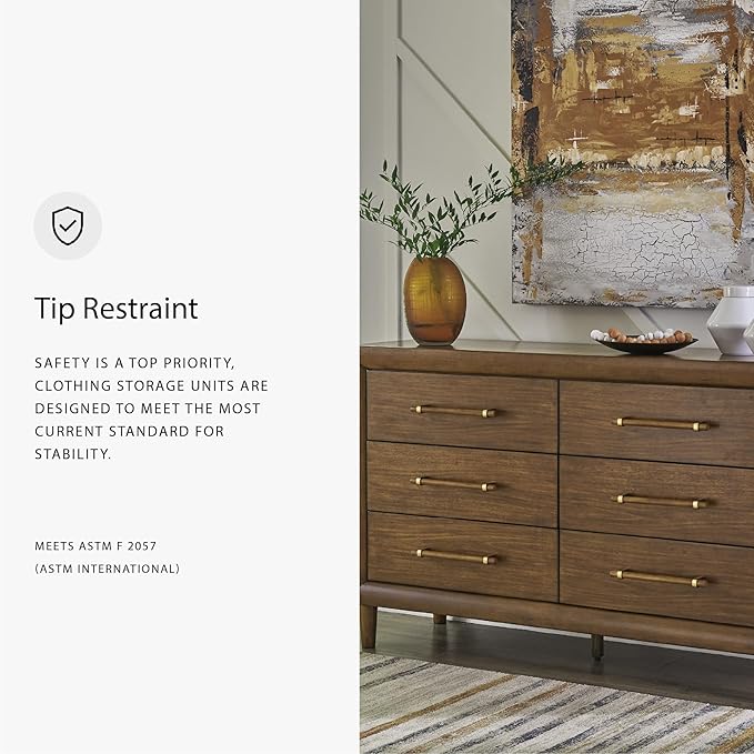 Signature Design by Ashley Lyncott Mid-Century Modern 6-Drawer Dresser with Safety Stop and Felt Lined Top Drawers, Dark Brown