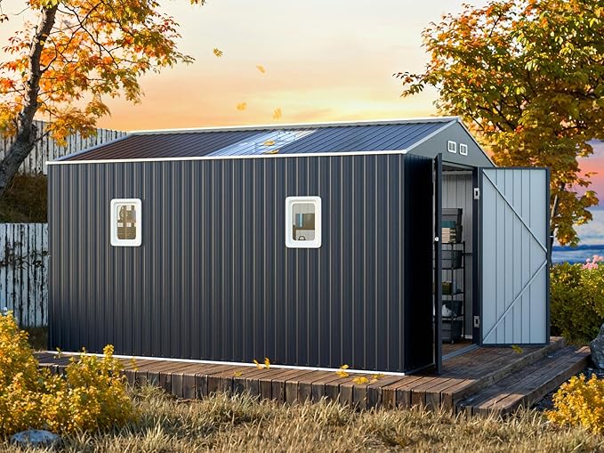 Restland 10x12 FT Outdoor Storage Shed Reinforced Frame Metal Shed with Clear Roof, Air Vent & Lockable Door Large Garden Tool Storage Sheds for Backyard, Garden, Lawn