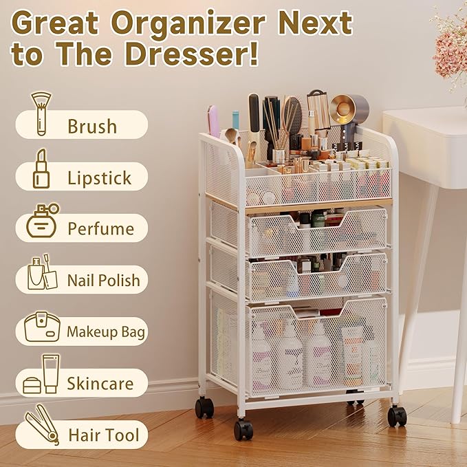 Makeup Cart Organizer with 3 Drawers,Floor Skincare Organizers with Dividers, Vanity Organizer Cosmetics Display Cases Holder for Skin Care Nail Polish Perfume Makeup brush Hair Tool,White