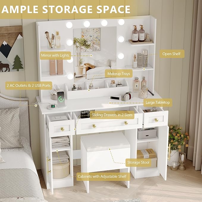 Vanity Makeup Desk with Mirror and Lights, Farmhouse Vanity Table Set with Storage Drawers, Charging Station & Chair, 43" Large Rustic Dressing Table, 3 Lighting Modes for Women Girls Bedroom, White