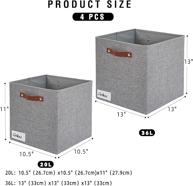 Collapsible Fabric Storage Cube Bins with 2 Reinforced PU Handles, Foldable Storage Organizer Baskets for Closet, Shelves, Living Room | 13"x13"x13", 4 Pack, Full Gray