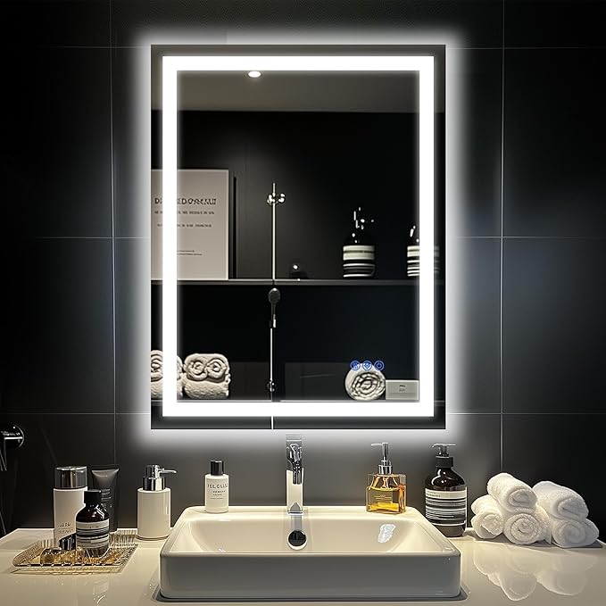 Antok 24"x 32" LED Bathroom Mirror with Lights, Anti-Fog, Dimmable, Lighted Vanity Mirror with Tempered Glass, Memory Function, 3 Light Modes, Safe Use, Horizontal, Vertical