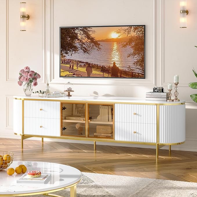 Luxury 70" Fluted TV Stand for TVs Up to 75", Modern Entertainment Center with Faux Marble Top, Media Console with Curved Profile Design, Television Stands for Living Room, White