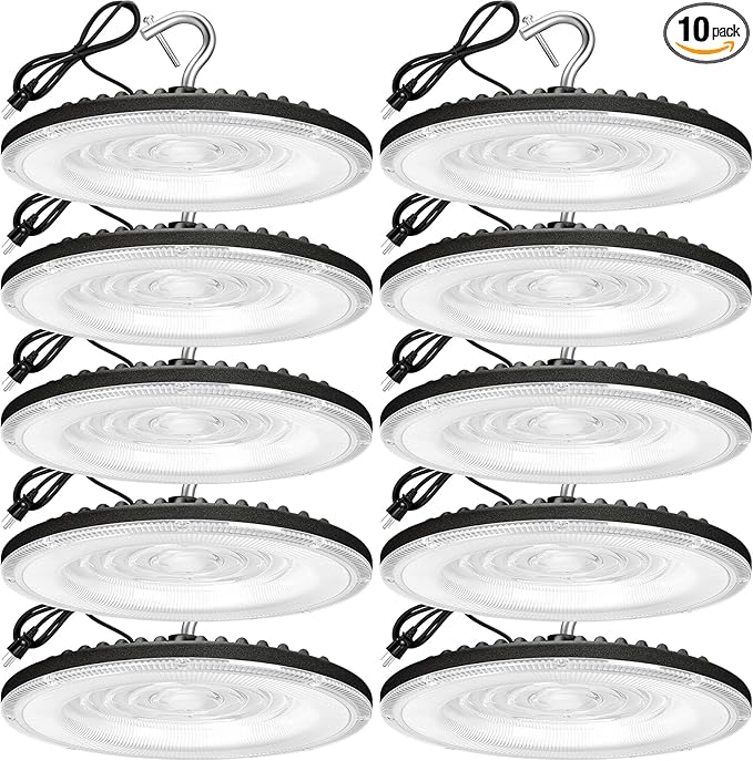 100W UFO Led High Bay Light(10 Pack),IP66 Waterproof,120VAC,15050LM 5000K Daylight Area Lighting,450W MH/HPS with Plug Commercial Bay Lighting for Warehouse/Shop/Workshop/Barn/Gym/Factory