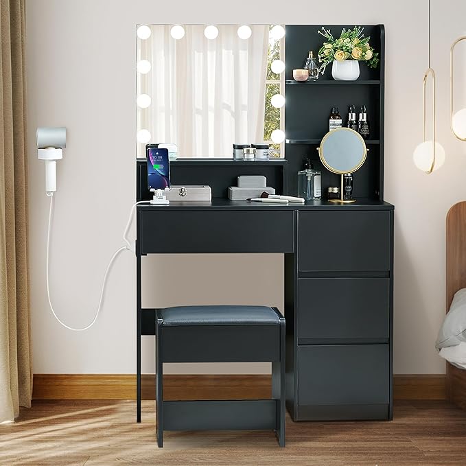 Black Vanity Desk with Mirror and Lights- Makeup Vanity Table Set with Power Outlet, 4 Drawers and Stool, Small Makeup Table with 3 Lighting Color Adjustable for Bedroom
