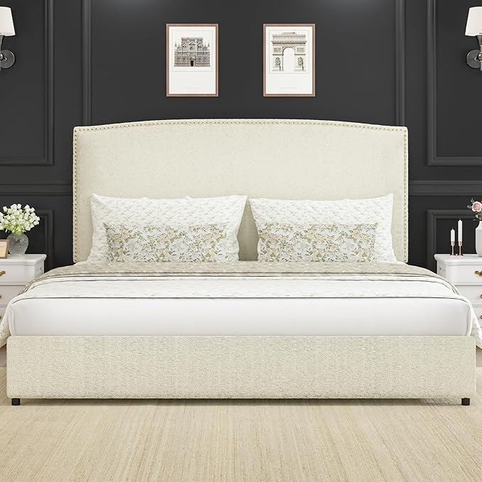 King Bed Frame, King Size Upholstered Platform Bed Frame with 56" Headboard, Soft Boucle Fabric, Mid-Century Modern Design, No Box Spring Required, Easy Assembly, Beige