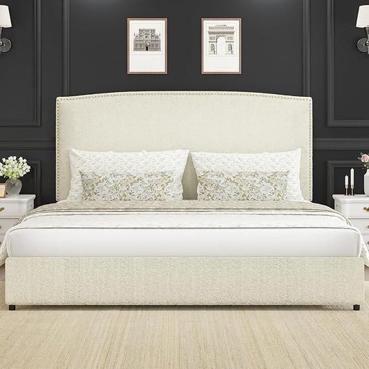 King Bed Frame, King Size Upholstered Platform Bed Frame with 56" Headboard, Soft Boucle Fabric, Mid-Century Modern Design, No Box Spring Required, Easy Assembly, Beige