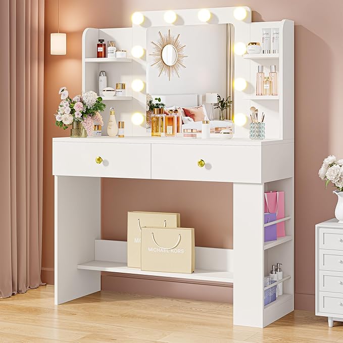 IRONCK Vanity Desk with Mirror and Lights, Small Makeup Vanity Table with 3 Color Modes, 2 Drawers, 2 Side Shelves & Open Storage Shelves, Dressing Table for Bedroom,White