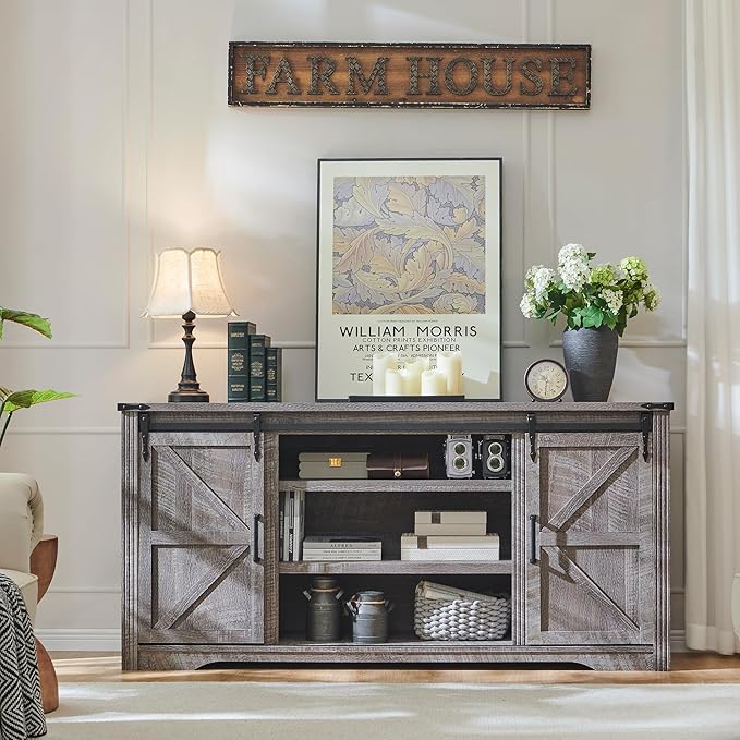 Farmhouse TV Stand for 75+ Inch TV, 32" Tall Entertainment Center w/4 Drawers & Sliding Barn Door, Rustic Media Console w/Storage Shelves, 66" Wood Television Stand for Living Room, Grey Wash