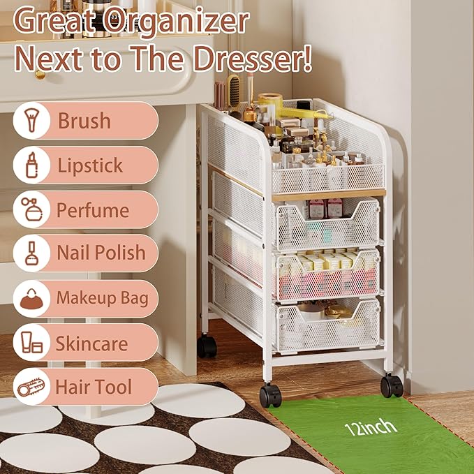 Rolling Makeup Cart Organizer with 3 Drawers, 4-Tier Narrow Floor Skincare Organizers with dividers, Vanity Organizer Cosmetics Display Cases for Makeup Brush, Hair Tool, White