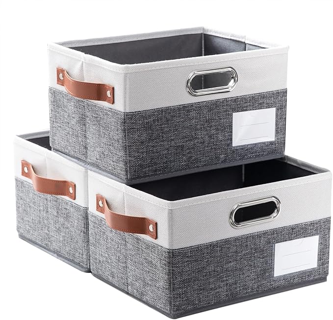 PRANDOM Foldable Storage Bins with Handles [3-Pack] Fabric Collapsible Storage Boxes Baskets Cubes Containers with Handles for Closet Living Room Bedroom (Grey & White 11.5x8.5x6.7'')