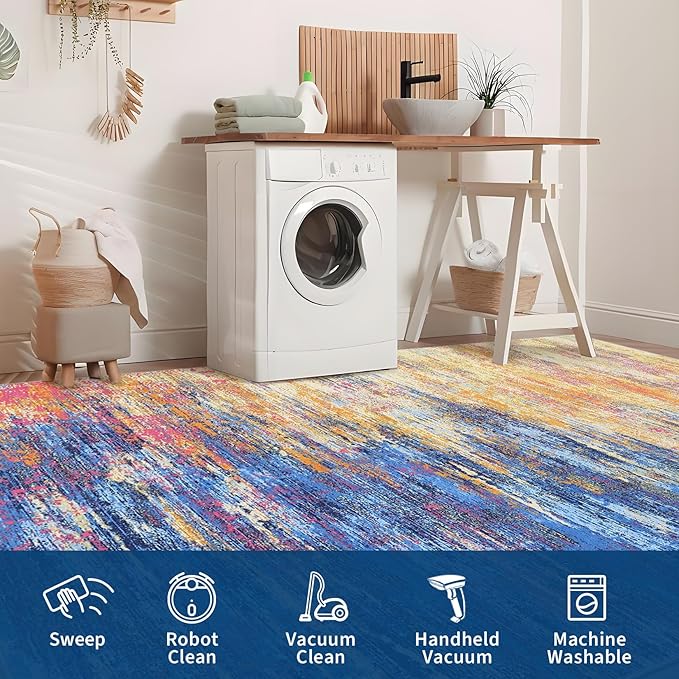 Washable Rug 5x7 Abstract Area Rug for Living Room, Non Slip Foldable Soft Rugs for Bedroom, Stain Resistant Rugs Modern Fuzzy Rug, Indoor Floor Carpet for Entryway Home, Blue/Orange