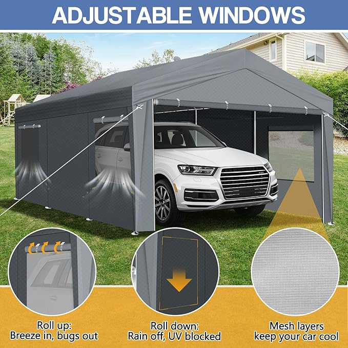 VINGLI 10x20 Carport Canopy Portable Garage with Roll-up Windows & Removable Sidewalls, Car Canopy Heavy Duty Car Port Tent for SUV, Boats, RVs, Trucks