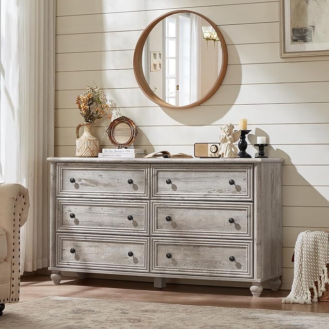 Farmhouse Dressers & Night Stand Set of 3, Wood 54" Wide Dresser & 35.5"Tall Chest of Drawers, 18" Roman Column Nightstand, Bedroom Furniture 6 Drawer Dresser Set for Bedroom Home Living Room Hallway