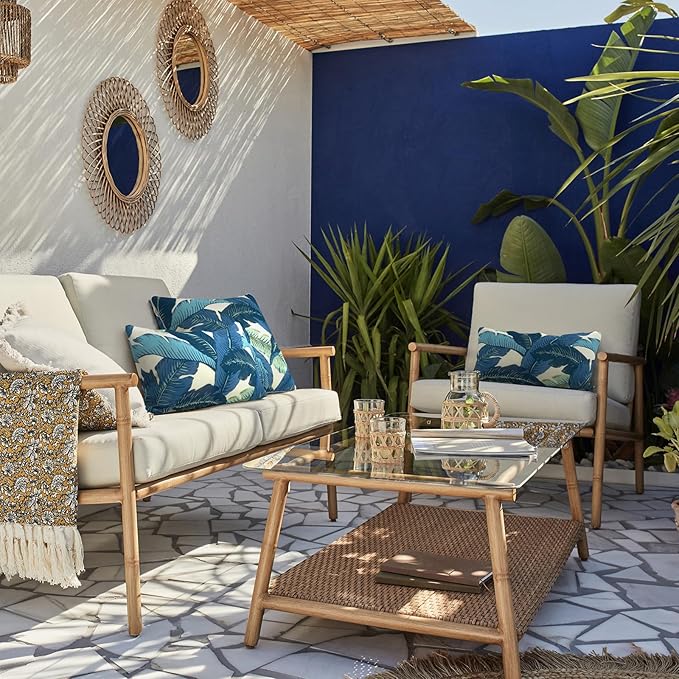 LVTXIII 12×20 Inch Outdoor Lumbar Pillows, Pack of 2 Water Repellent Lumbar Pillow with Inserts, Fluffy Decorative Garden Lumbar Cushions for Home Patio Coach Sofa Use, Swaying Palms Blue